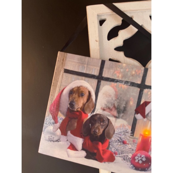 Lighted Dachshund Santa Hat‎ Holiday Scene Canvas Wall Hanging Tested & Works - Picture 4 of 10